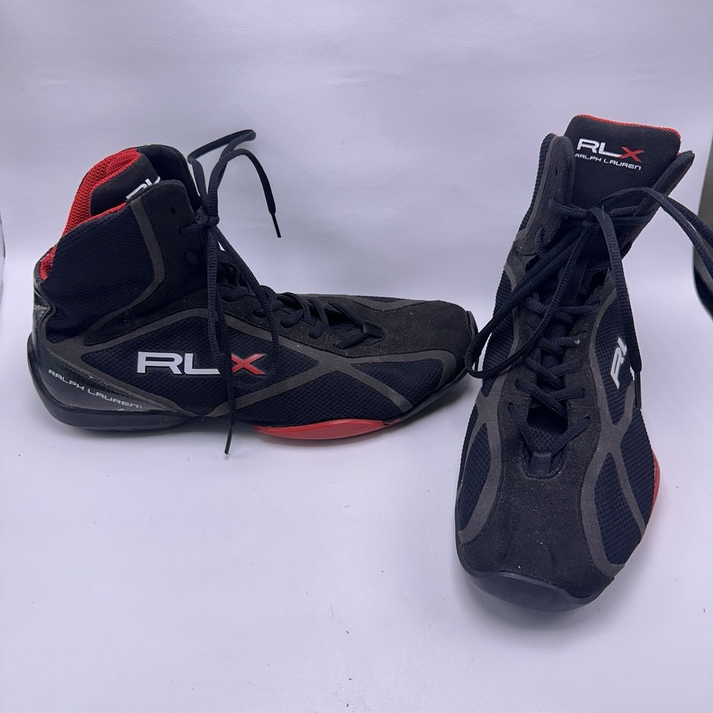 Ralph Lauren RLX Carholme High Top Racing Sneakers Black Red Tire Tread Sz 12